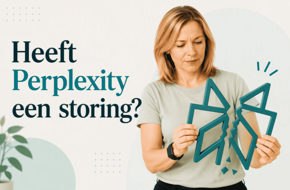 Sanne met gebroken Perplexity-logo naast de tekst Heeft Perplexity een storing?