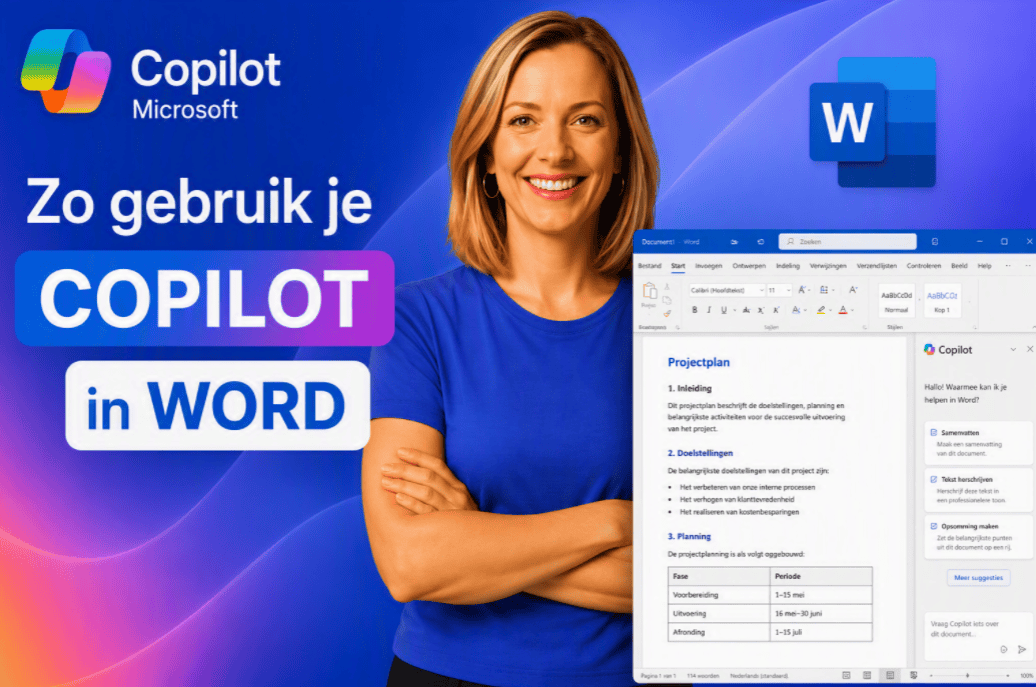 Sanne gebruikt Copilot in Word om sneller een document te schrijven