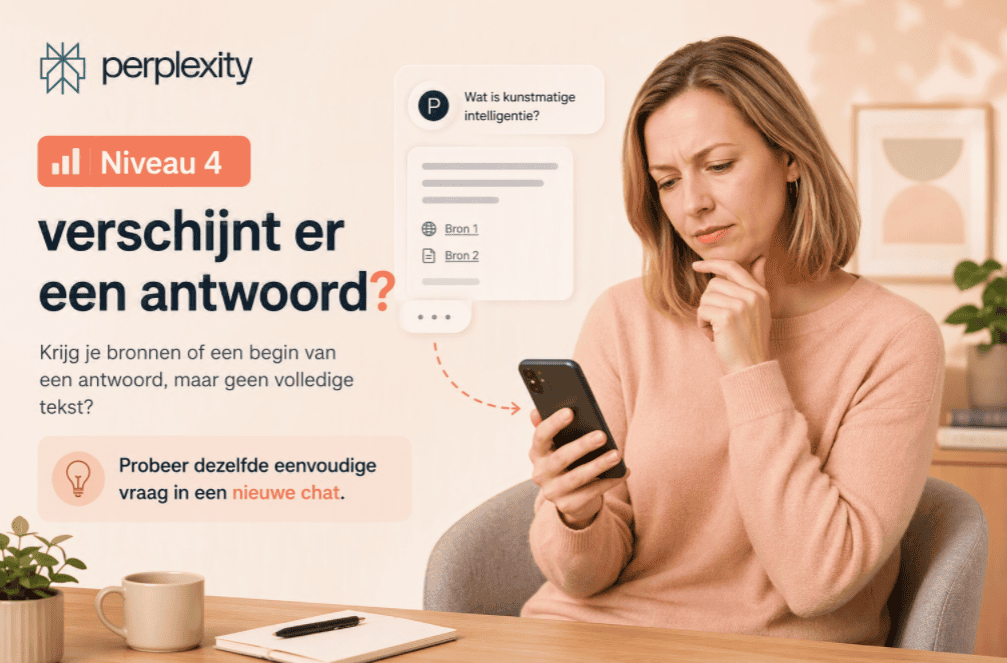 Niveau 4: verschijnt er een antwoord? Sanne zit in een thuiswerkomgeving en bekijkt haar mobiele telefoon terwijl een gedeeltelijk Perplexity-antwoord met bronnen zichtbaar is.
