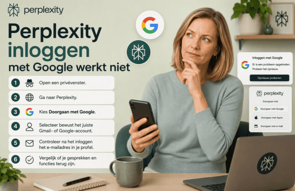 Persoon controleert een Google-account voor Perplexity-login op een smartphone aan een thuiswerkbureau met lichtgroene achtergrond, Google-logo en Perplexity-branding.