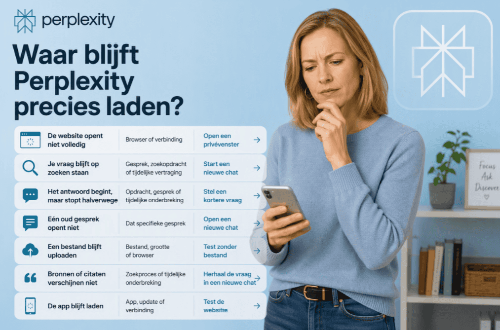 Sanne kijkt naar haar mobiele telefoon naast een overzicht met laadproblemen in Perplexity, zoals een website die niet opent, een zoekopdracht die blijft hangen en een bestand dat niet uploadt.