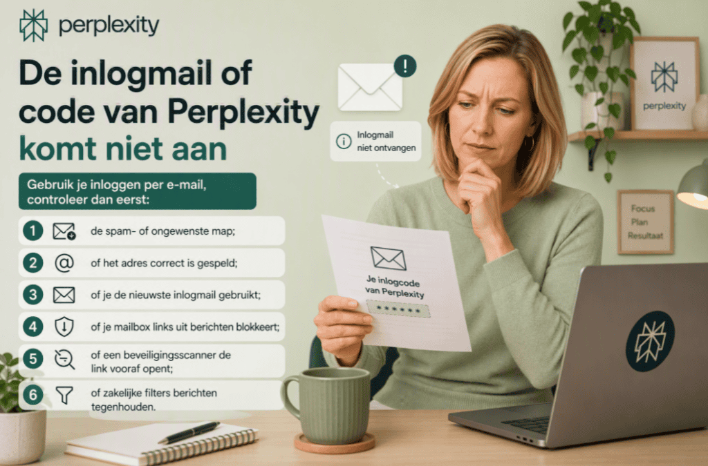 Sanne controleert een Perplexity-inlogcode aan haar thuiswerkbureau terwijl zij een e-mail bekijkt en onderzoekt waarom de inlogmail niet is aangekomen.