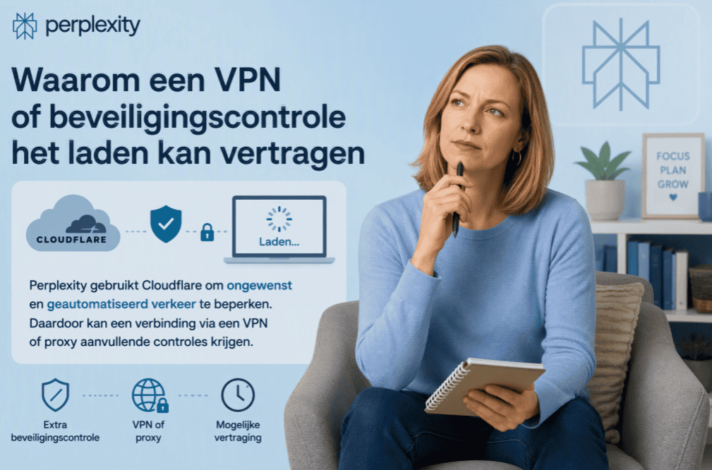Sanne zit in een thuiswerkomgeving met een notitieblok in haar hand terwijl een diagram laat zien hoe een VPN, proxy of Cloudflare-beveiligingscontrole ervoor kan zorgen dat Perplexity langer blijft laden.