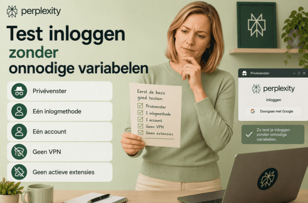Sanne test het inloggen bij Perplexity zonder onnodige variabelen, met een privévenster, één loginmethode, één account, geen VPN en geen actieve extensies.