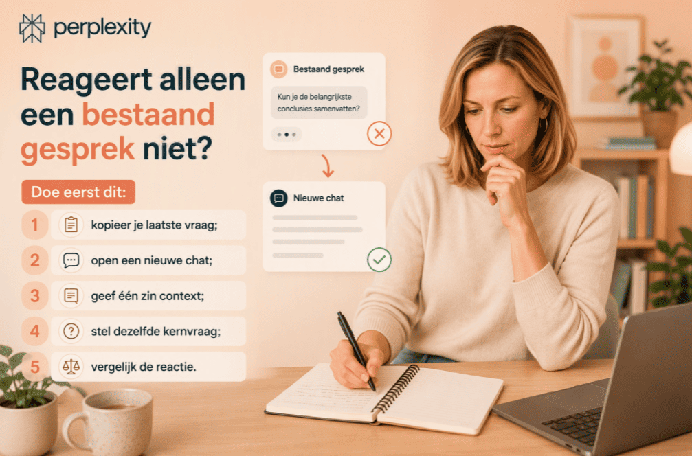 Reageert alleen een bestaand gesprek niet? Sanne zit aan een thuiswerkbureau en maakt aantekeningen terwijl een stappenplan zichtbaar is om een vastgelopen Perplexity-chat te testen in een nieuwe chat.