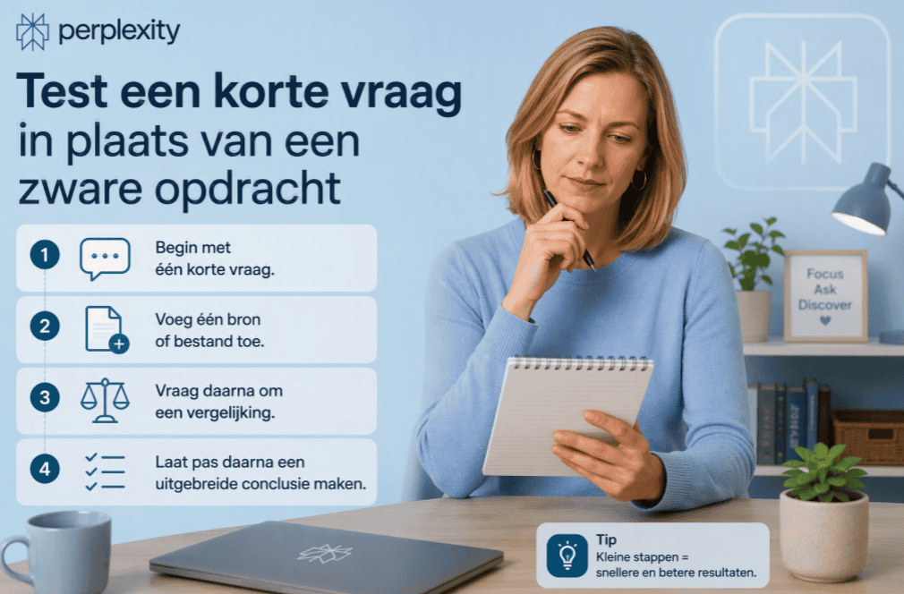 Sanne zit aan een bureau in een thuiswerkomgeving en bekijkt een notitieblok met een stappenplan om Perplexity eerst een korte vraag te stellen voordat complexere opdrachten worden gegeven.