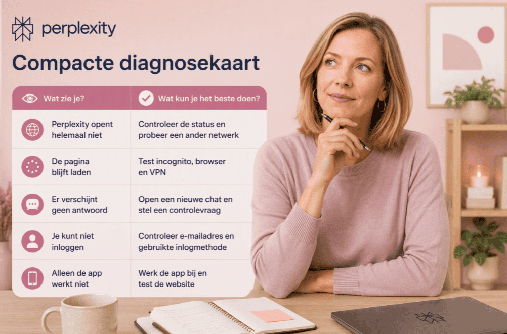 Compacte diagnosekaart voor Perplexity-storingen, terwijl Sanne aan een thuiswerkbureau mogelijke oorzaken en oplossingen doorloopt.
