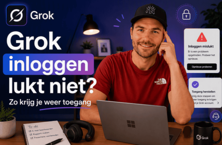 Grok inloggen lukt niet? Maarten werkt thuis achter een laptop met Grok-branding, terwijl praktische inlog- en herstelopties in beeld worden weergegeven om weer toegang tot een Grok-account te krijgen.