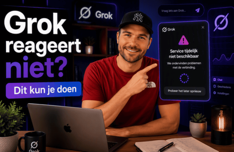 Maarten achter een thuiswerkbureau wijst naar een Grok-storingsmelding. Hero-afbeelding voor het artikel "Grok reageert niet? Dit kun je doen".