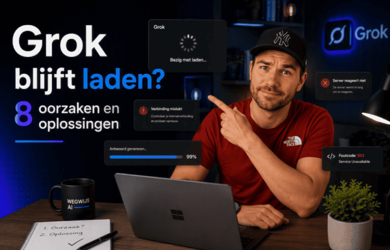 Grok blijft laden? Hero-afbeelding met thuiswerkplek, laptop en foutmeldingen die veelvoorkomende Grok-problemen en oplossingen illustreren.