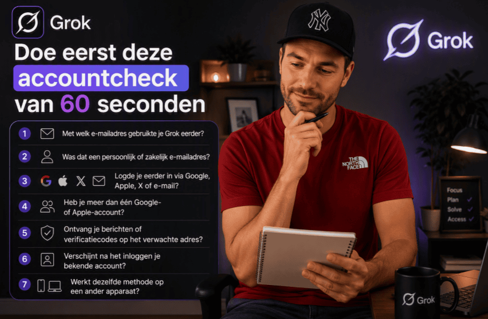 Maarten in rood shirt en pet zit in een thuiswerksetting met notitieblok en pen, naast een Grok-accountcheck van 60 seconden met vragen over e-mailadres, inlogmethode, verificatiecodes en apparaten.