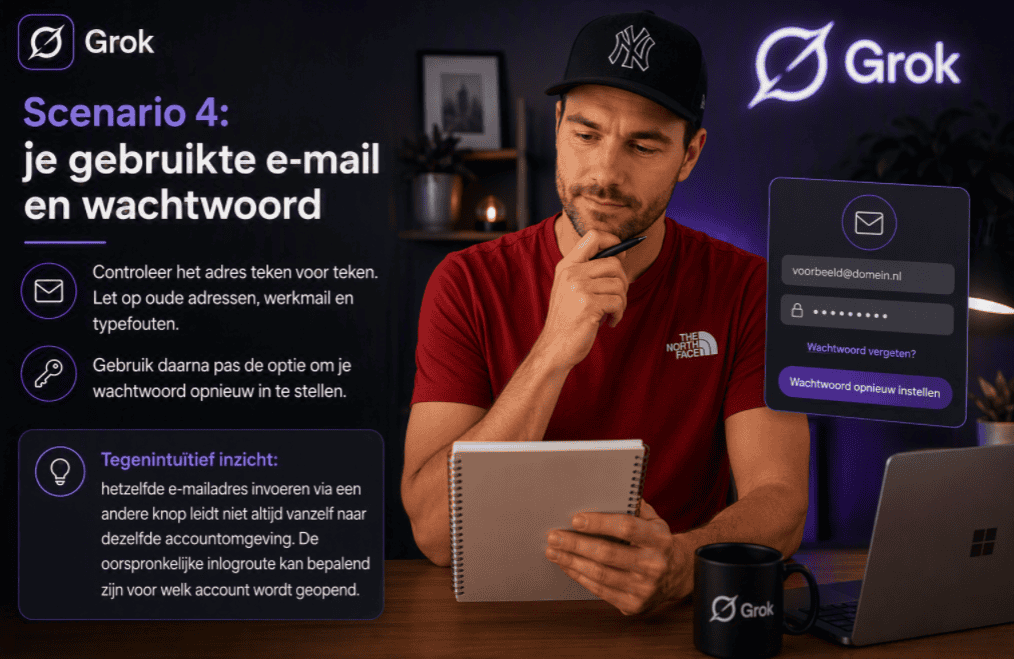 Scenario 4 voor Grok-inlogproblemen: persoon in rood shirt en zwarte pet controleert zorgvuldig een e-mailadres op een notitieblok, terwijl informatie over e-mail, wachtwoordherstel en de juiste inlogroute wordt weergegeven.