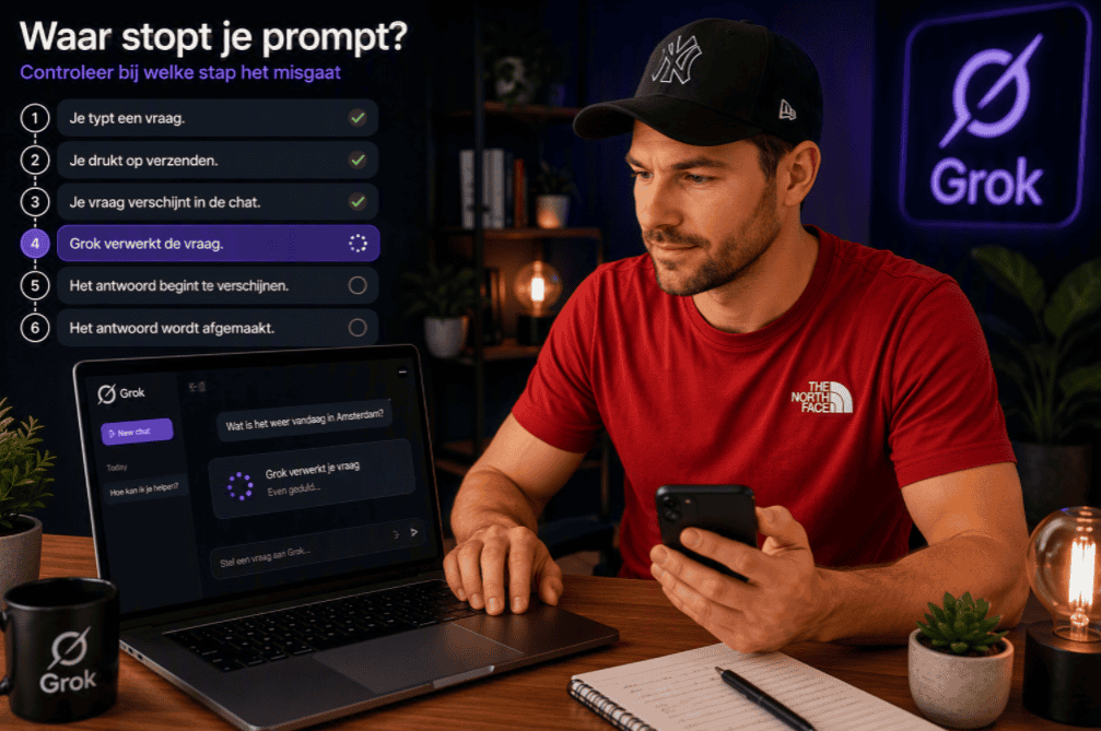 Maarten zit achter een laptop met een Grok-chat die blijft hangen bij het verwerken van een prompt. Links staat een stappenoverzicht waarop stap 4 is gemarkeerd.