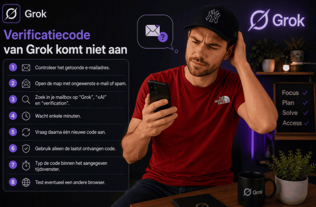 Persoon in rood shirt en zwarte pet bekijkt een mobiele telefoon terwijl een Grok-verificatiecode uitblijft. Naast de telefoon staat een overzicht met stappen voor het ontvangen van een nieuwe verificatiecode.
