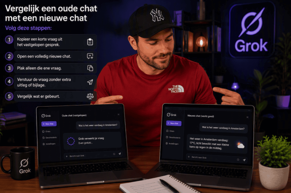 Maarten vergelijkt een vastgelopen Grok-chat met een nieuwe Grok-chat die wel werkt. Op twee laptops is het verschil tussen beide gesprekken zichtbaar.