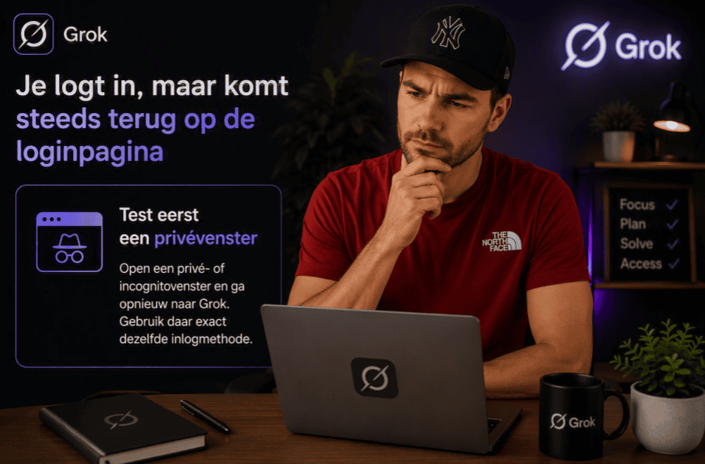 Persoon in rood shirt en zwarte pet zit achter een laptop en controleert een Grok-inlogprobleem waarbij de gebruiker steeds terugkomt op de loginpagina. Een paneel toont de tip om een privé- of incognitovenster te gebruiken.