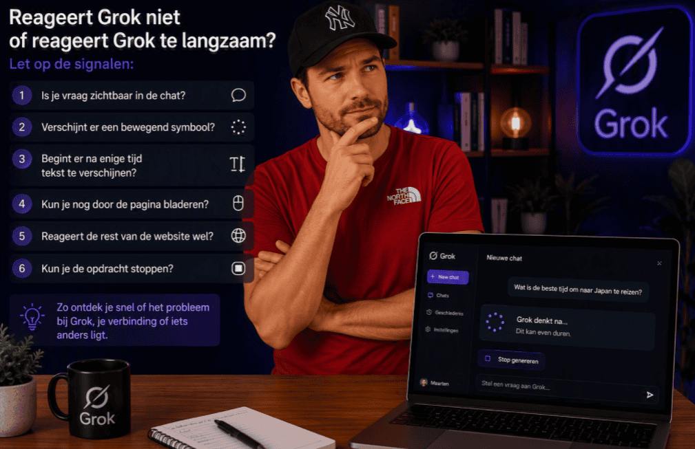 Maarten staat nadenkend naast een laptop met een Grok-chat en controleert signalen om te bepalen of Grok niet reageert of juist langzaam werkt.