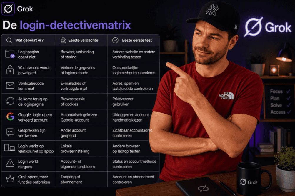 Overzicht van de Grok login-detectivematrix met veelvoorkomende inlogproblemen, mogelijke oorzaken en aanbevolen eerste tests. Een persoon in rood shirt en zwarte pet wijst naar de matrix in een thuiswerkomgeving met Grok-branding.