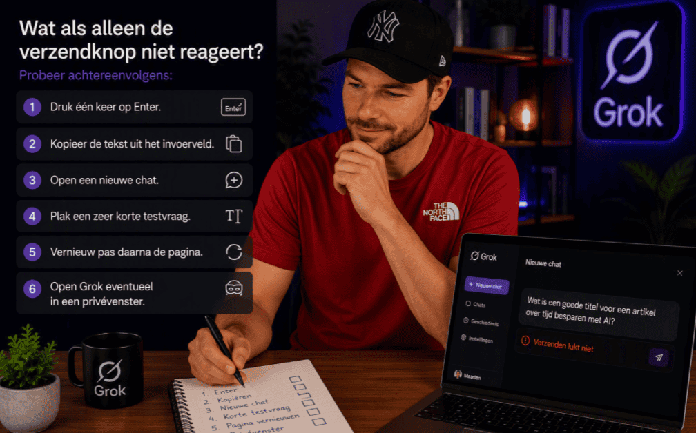Maarten met rode kleding en zwarte pet controleert een checklist terwijl op een laptop zichtbaar is dat de verzendknop van Grok niet reageert.