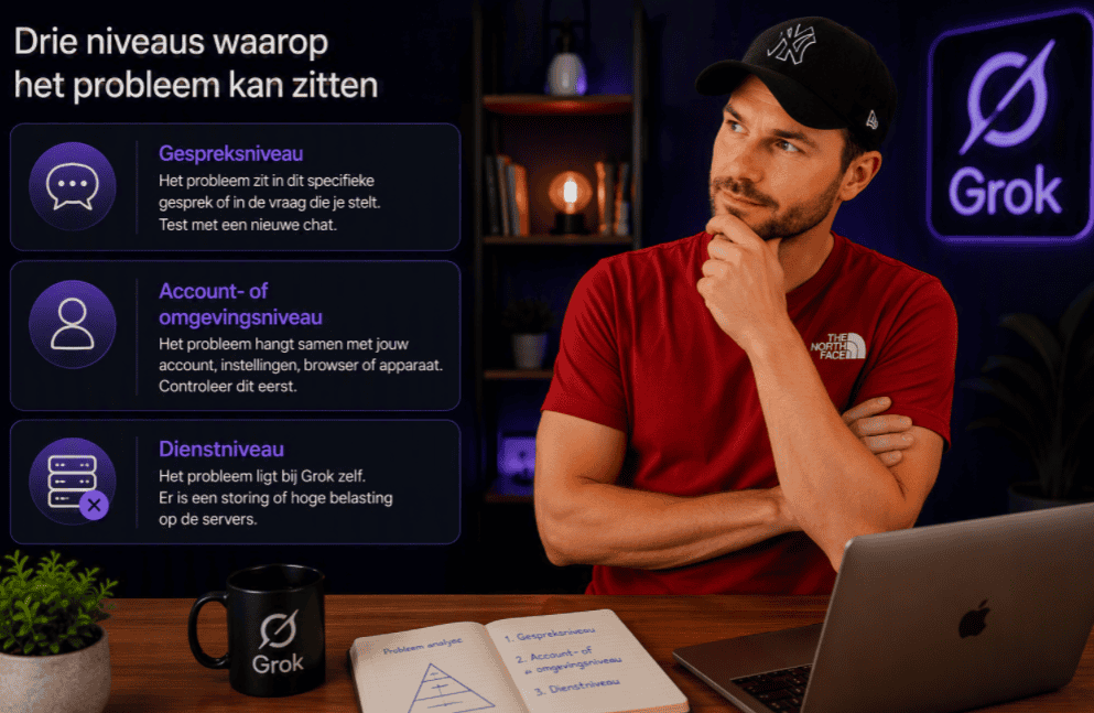Maarten zit nadenkend achter een laptop en bekijkt drie mogelijke niveaus waarop een Grok-probleem kan zitten: gespreksniveau, account- of omgevingsniveau en dienstniveau.