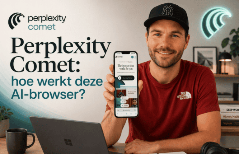 Maarten toont Perplexity Comet op zijn smartphone vanuit een moderne thuiswerkplek met laptop, Perplexity-logo en de titel ‘Perplexity Comet: hoe werkt deze AI-browser?’ in beeld.