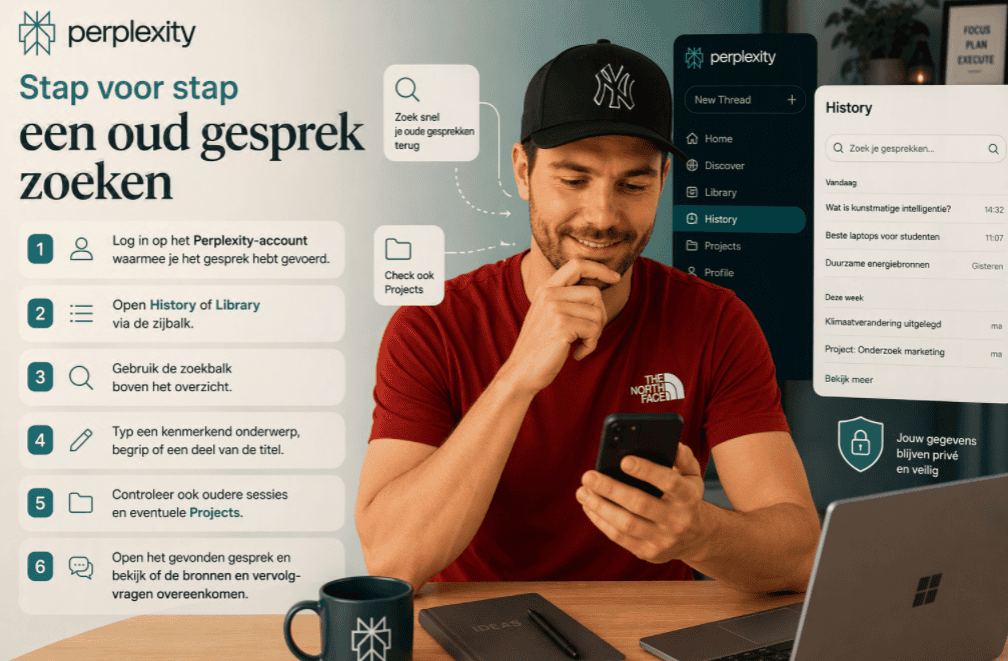 Maarten zoekt op zijn mobiele telefoon naar een oud gesprek in Perplexity, met een stappenoverzicht voor History, Library, zoekbalk en Projects op de achtergrond.