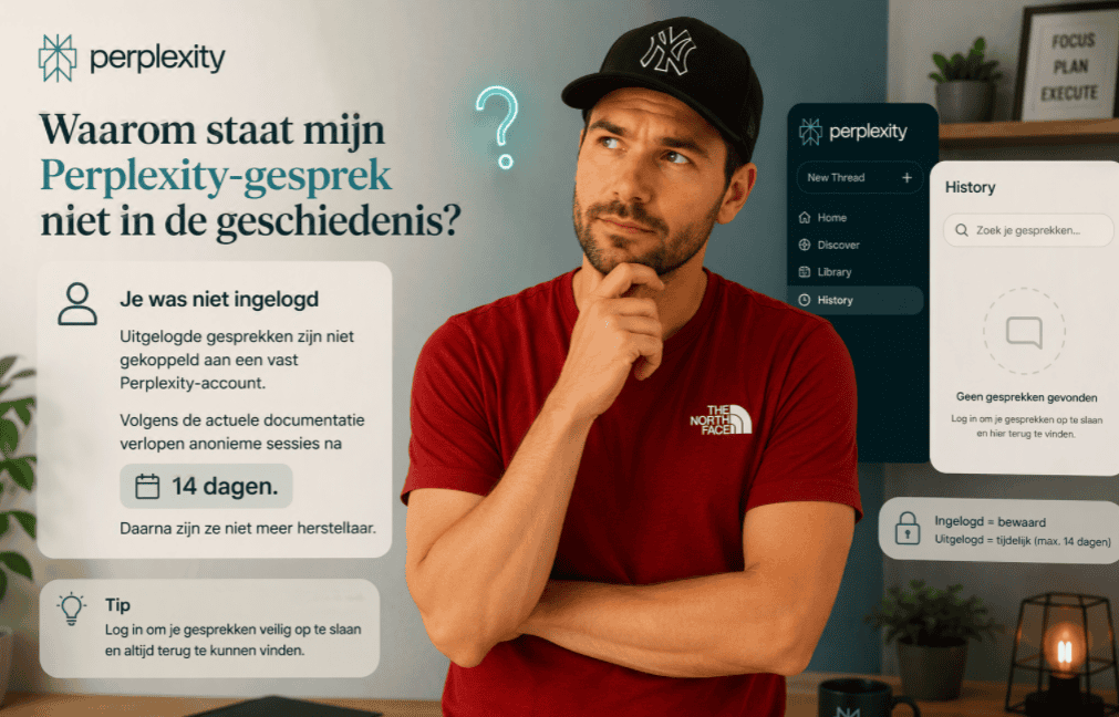 Persoon in rode shirt en pet denkt na over een ontbrekend Perplexity-gesprek, terwijl op de achtergrond een History-scherm en uitleg over niet-ingelogde sessies zichtbaar zijn.