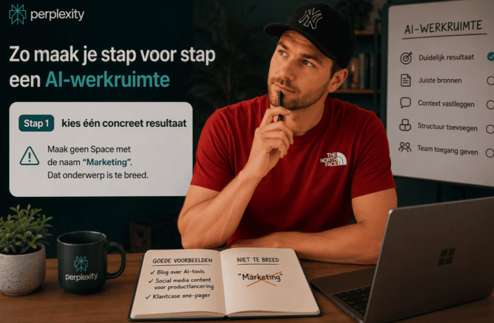 Persoon met NY-pet zit achter een laptop en denkt na over een concreet doel voor een Perplexity Space, terwijl wordt uitgelegd waarom een algemene naam zoals marketing te breed is.