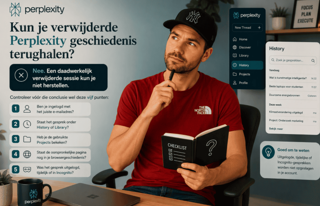 Maarten zit aan een thuiswerkbureau met notitieboek en laptop terwijl hij controleert waarom een verwijderd Perplexity-gesprek niet meer beschikbaar is. Op de achtergrond staan History-, Library- en Projects-elementen.