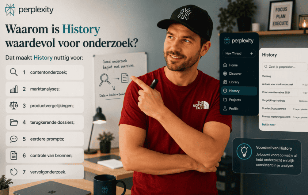 Maarten staat in een thuiswerkkantoor en wijst naar een overzicht van onderzoekstoepassingen van Perplexity History, waaronder contentonderzoek, marktanalyses, productvergelijkingen en broncontrole.