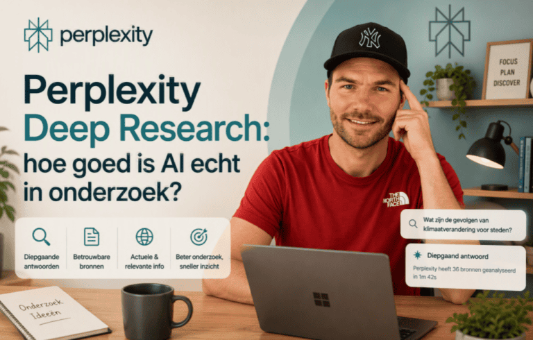 Maarten werkt vanuit een thuiswerkplek met laptop terwijl Perplexity Deep Research wordt uitgelicht. Op de achtergrond staan subtiele thuiswerk elementen en Perplexity-branding, met de titel: “Perplexity Deep Research: hoe goed is AI echt in onderzoek?”.