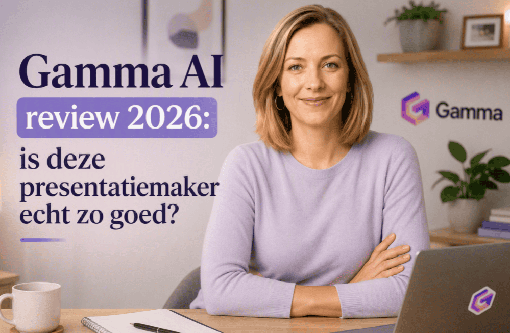 Gamma AI review 2026 hero afbeelding met Sanne in een thuiswerkomgeving, Gamma-logo en titel over de vraag of deze AI-presentatiemaker echt zo goed is.