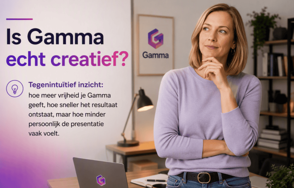 Is Gamma echt creatief? Hero-afbeelding met Sanne in een realistische thuiswerkomgeving die nadenkt over de creatieve mogelijkheden van Gamma AI.
