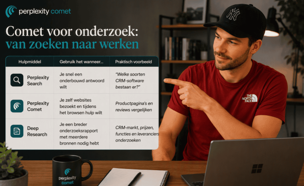 Maarten zit aan een thuiswerkbureau met laptop, notitieblok en koffiemok en wijst naar een overzicht waarin Perplexity Search, Perplexity Comet en Deep Research worden vergeleken voor online onderzoek.
