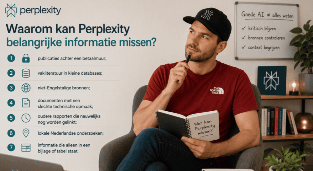 Maarten zit in een fauteuil op een realistische thuiswerkplek met notitieblok en laptop terwijl wordt uitgelegd waarom Perplexity Deep Research belangrijke informatie kan missen, zoals betaalde publicaties, lokale onderzoeken en bronnen die lastig toegankelijk zijn.
