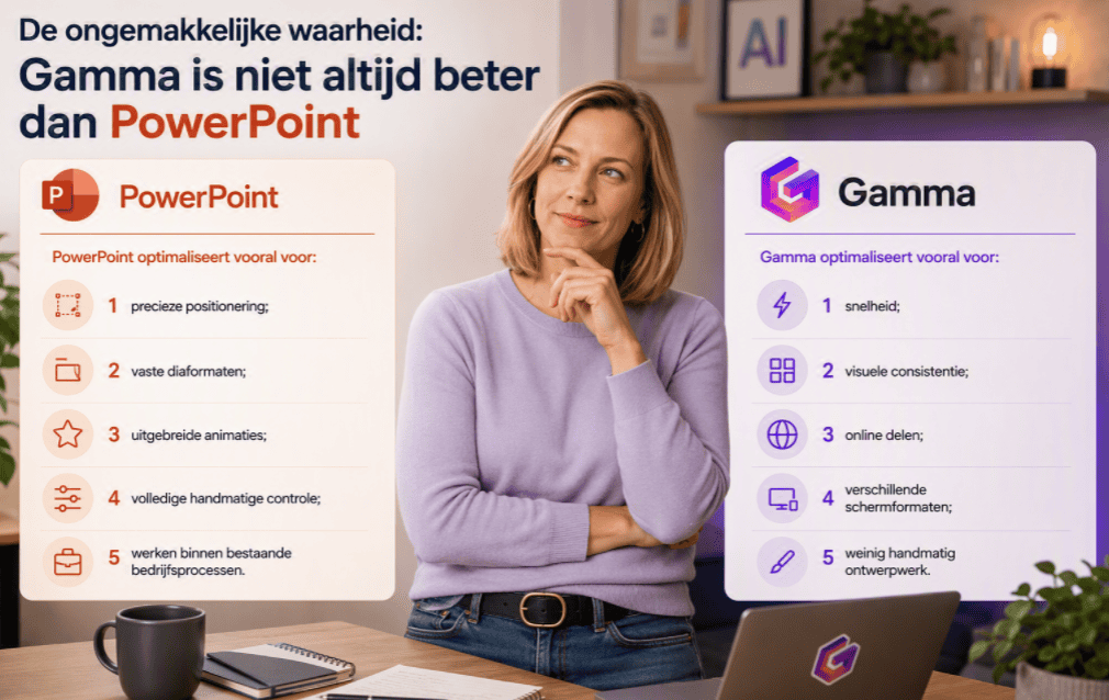Vergelijking tussen Gamma AI en PowerPoint met hun belangrijkste sterke punten, weergegeven in een realistische thuiswerkomgeving.
