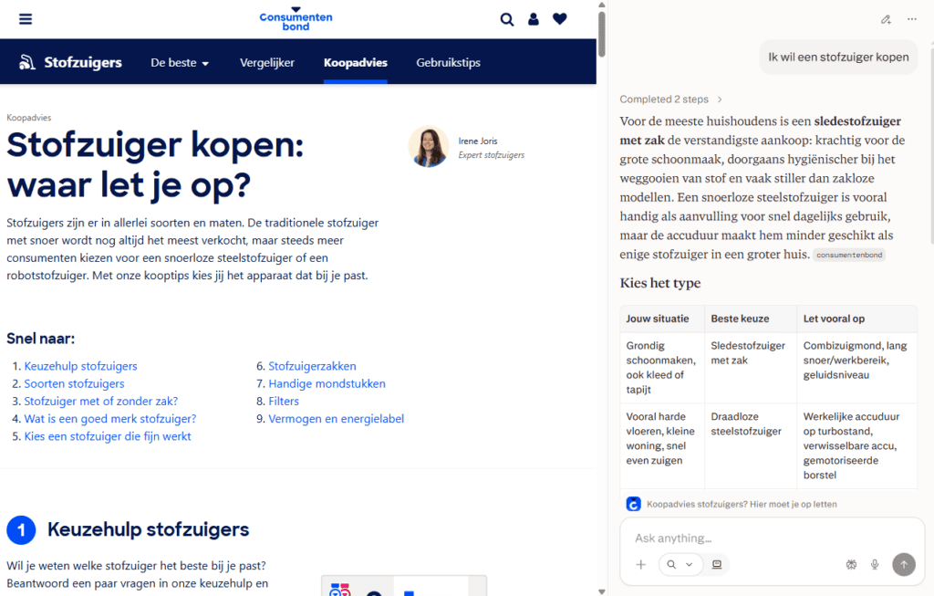 Screenshot winkelen met Comet.