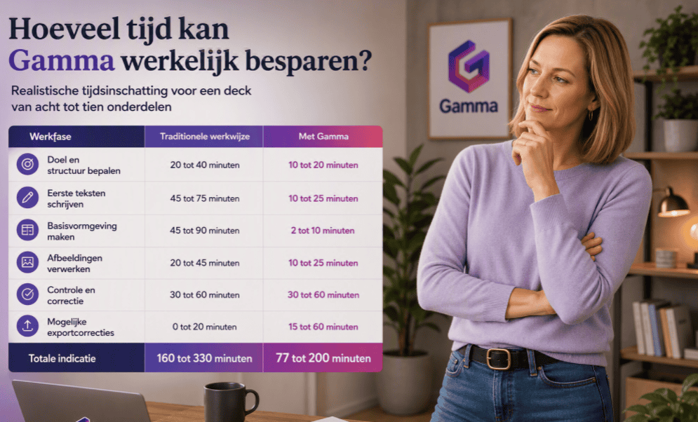 Hero-afbeelding over hoeveel tijd Gamma AI kan besparen bij het maken van een presentatie, met realistische tijdsinschatting voor traditionele werkwijze en werken met Gamma.