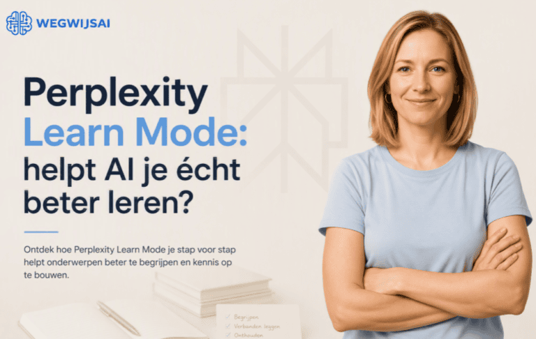 Hero-afbeelding voor WegwijsAI.nl over Perplexity Learn Mode met een persoon in lichtblauw shirt, officiële WegwijsAI-branding, subtiel Perplexity-logo en rustige beige SaaS-achtergrond.