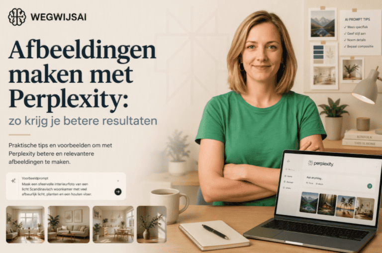 Professionele hero-afbeelding voor WegwijsAI.nl. Rustige lichte beige achtergrond met premium SaaS-uitstraling. Links een grote moderne titel: "Afbeeldingen maken met Perplexity: zo krijg je betere resultaten". Plaats linksboven het officiële WegwijsAI-logo in zwart. Rechts staat een realistische persoon gebaseerd op de referentiefoto van Maarten, casual lichtblauw T-shirt, professionele uitstraling. Op de achtergrond subtiele realistische elementen die horen bij het maken van AI-afbeeldingen: laptop met Perplexity, afbeeldingengalerij, moodboard, fotothumbnails, promptvenster en creatieve werkplek. Geen futuristische AI-elementen, geen neonkleuren, geen zwevende objecten. Perplexity-logo zeer subtiel verwerkt met lage opacity. Ontwerp alsof gemaakt door een premium marketingbureau voor een moderne techwebsite. Veel witruimte, minimalistisch, rustig, professioneel en SEO-vriendelijk als blog hero image.