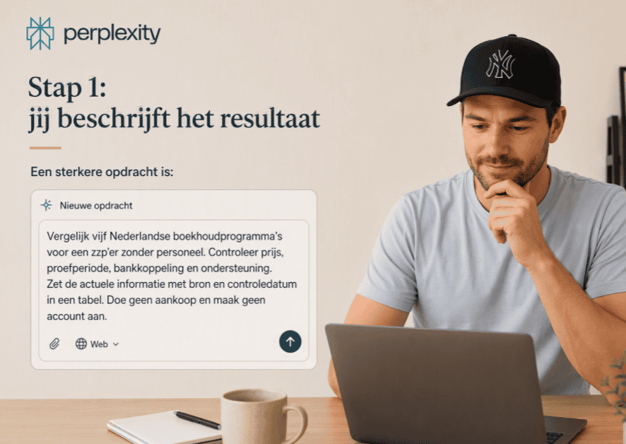 Persoon met pet bekijkt een laptop terwijl links een duidelijke Perplexity Computer-opdracht wordt weergegeven om Nederlandse boekhoudprogramma’s te vergelijken op prijs, functies en ondersteuning.