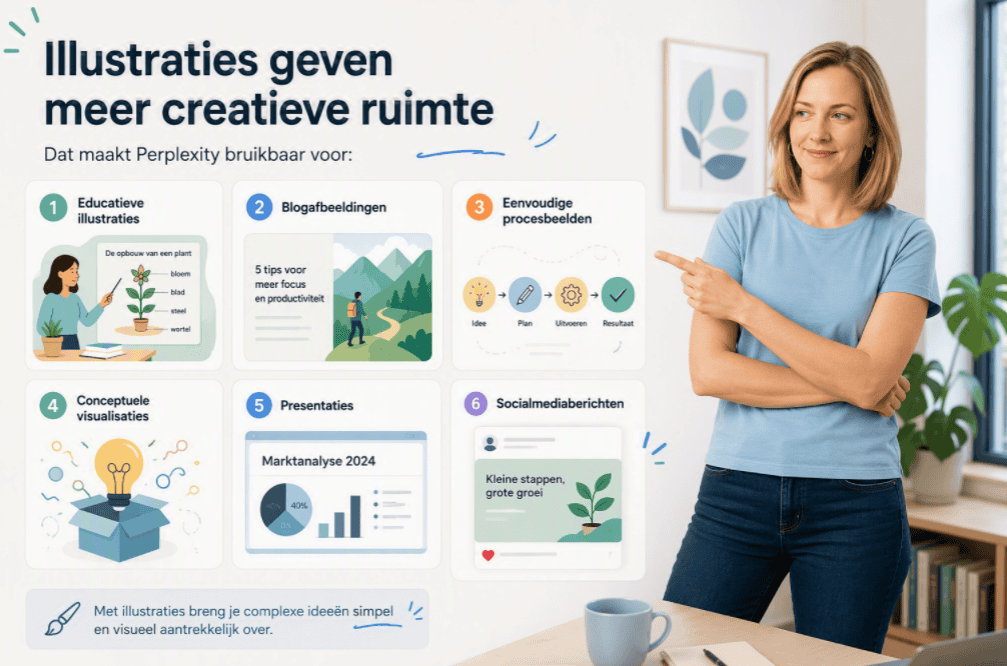 Persoon wijst naar zes voorbeelden van illustraties die je met Perplexity kunt maken voor educatie, blogs, procesbeelden, concepten, presentaties en social media.