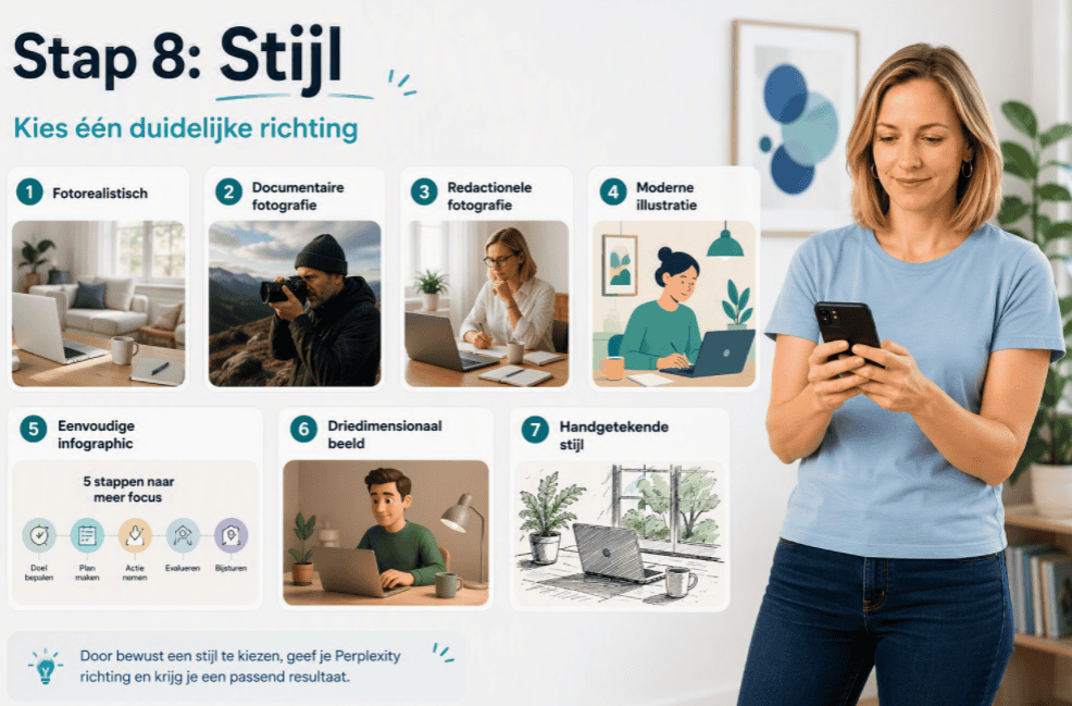 Persoon kijkt naar een mobiele telefoon naast zeven voorbeelden van beeldstijlen voor Perplexity, waaronder fotografie, illustratie, infographic, 3D en handgetekend.