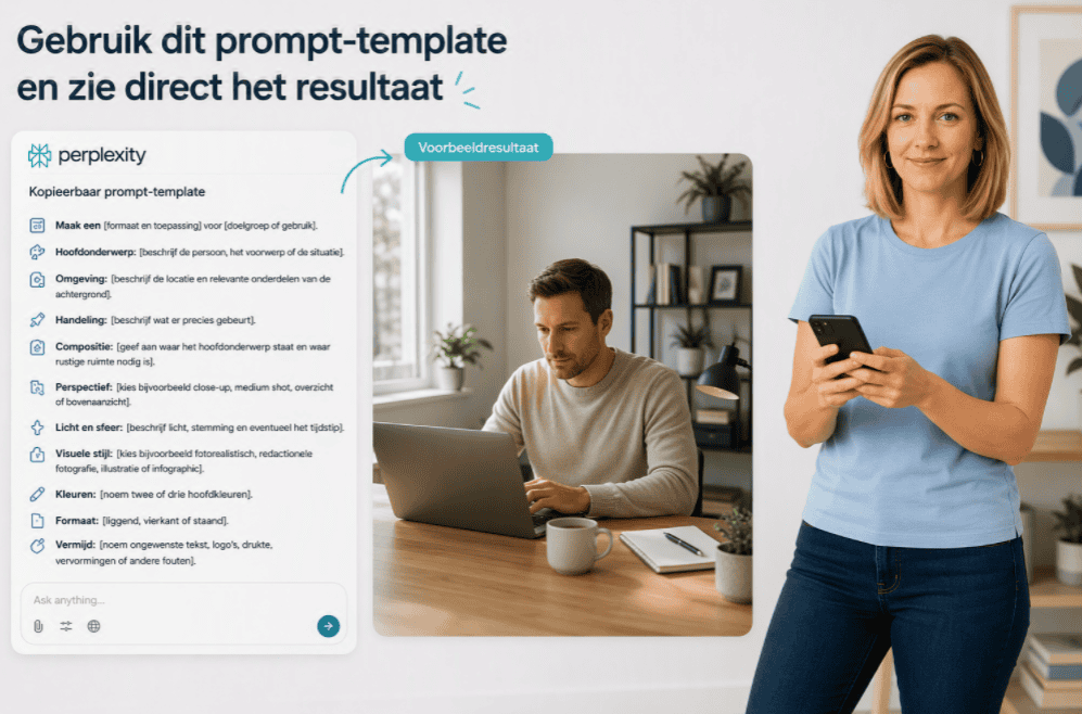 Persoon met mobiele telefoon naast een kopieerbaar Perplexity-prompt-template en een realistisch voorbeeldresultaat van de ingevoerde prompt.