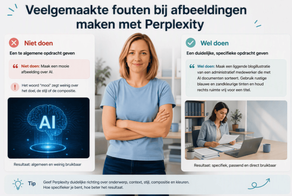 Vergelijking tussen een algemene en specifieke Perplexity-prompt, met een algemeen AI-beeld en een gerichte blogillustratie van een administratief medewerker die documenten sorteert.