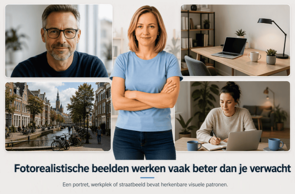 Vier fotorealistische voorbeelden rond een centraal staande persoon: een portret, een moderne werkplek, een Nederlands straatbeeld en een thuiswerksituatie.