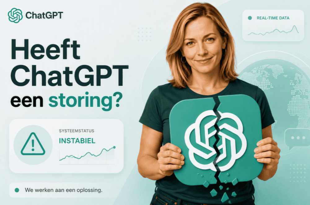 ChatGPT storing afgebeeld met een gebroken ChatGPT-logo, moderne groene ChatGPT-kleuren en een persoon die het beschadigde logo vasthoudt terwijl de systeemstatus als instabiel wordt weergegeven.