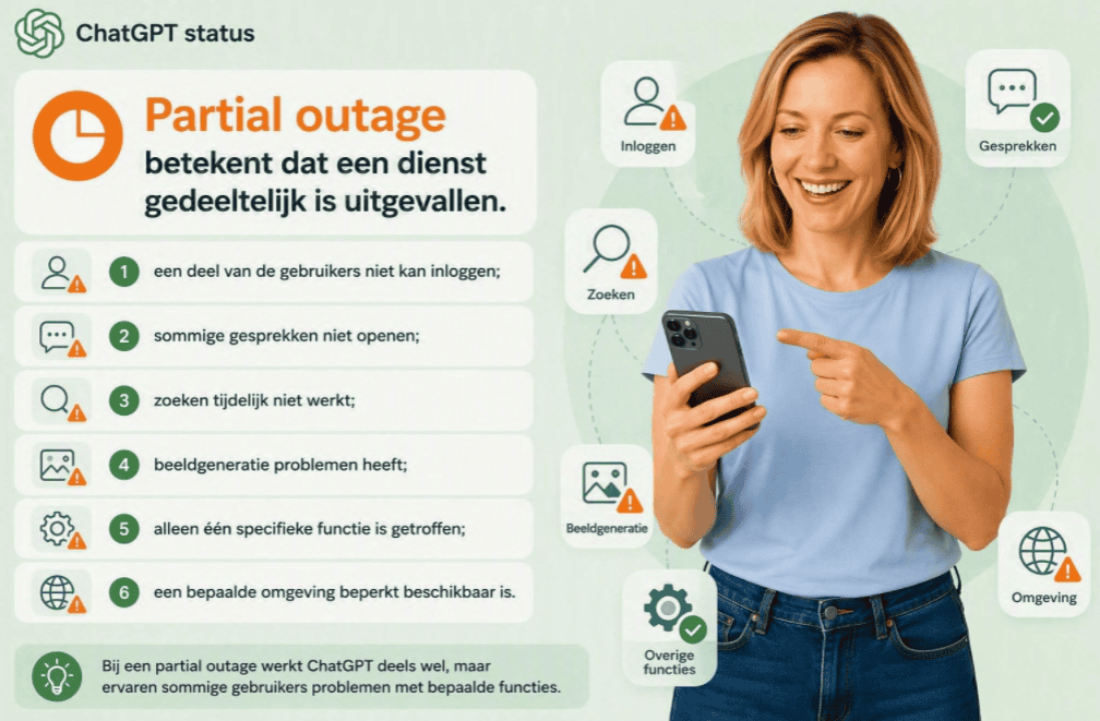 Uitleg van de ChatGPT-statusmelding Partial outage met voorbeelden van functies die gedeeltelijk zijn uitgevallen, zoals inloggen, gesprekken, zoeken en beeldgeneratie.