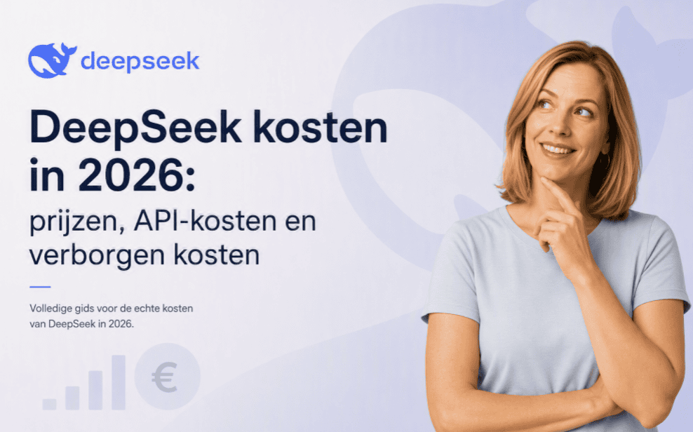 Persoon in een lichtblauw T-shirt naast de tekst DeepSeek kosten in 2026, met het DeepSeek-logo en subtiele verwijzingen naar prijzen en API-kosten.