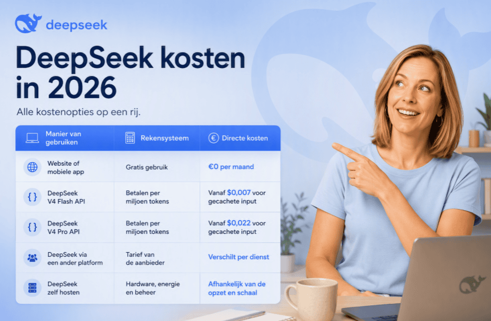 Overzicht van DeepSeek kosten in 2026 met vergelijking van gratis gebruik, API-prijzen, platformkosten en zelf hosten, naast een persoon in een thuiswerkomgeving.